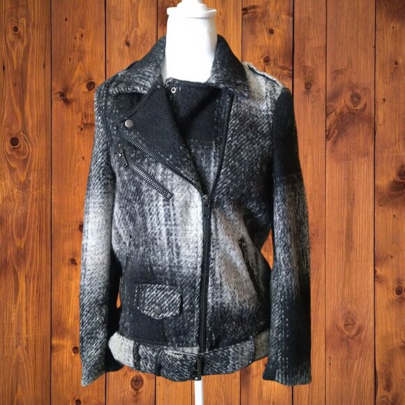 Divided H&M Women's Size 2 Wool Blend Plaid Belted Moto Biker Jacket Black/Gray - Picture 6 of 11